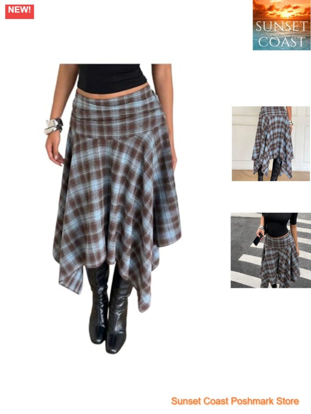 Y2K Plaid Midi Skirt Asymmetrical Ruffle Hem Low Rise Flowy Soft